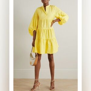 ERDEM Winona Tiered Embroidered Cotton-Poplin Bright Yellow Tiered Shirt Dress